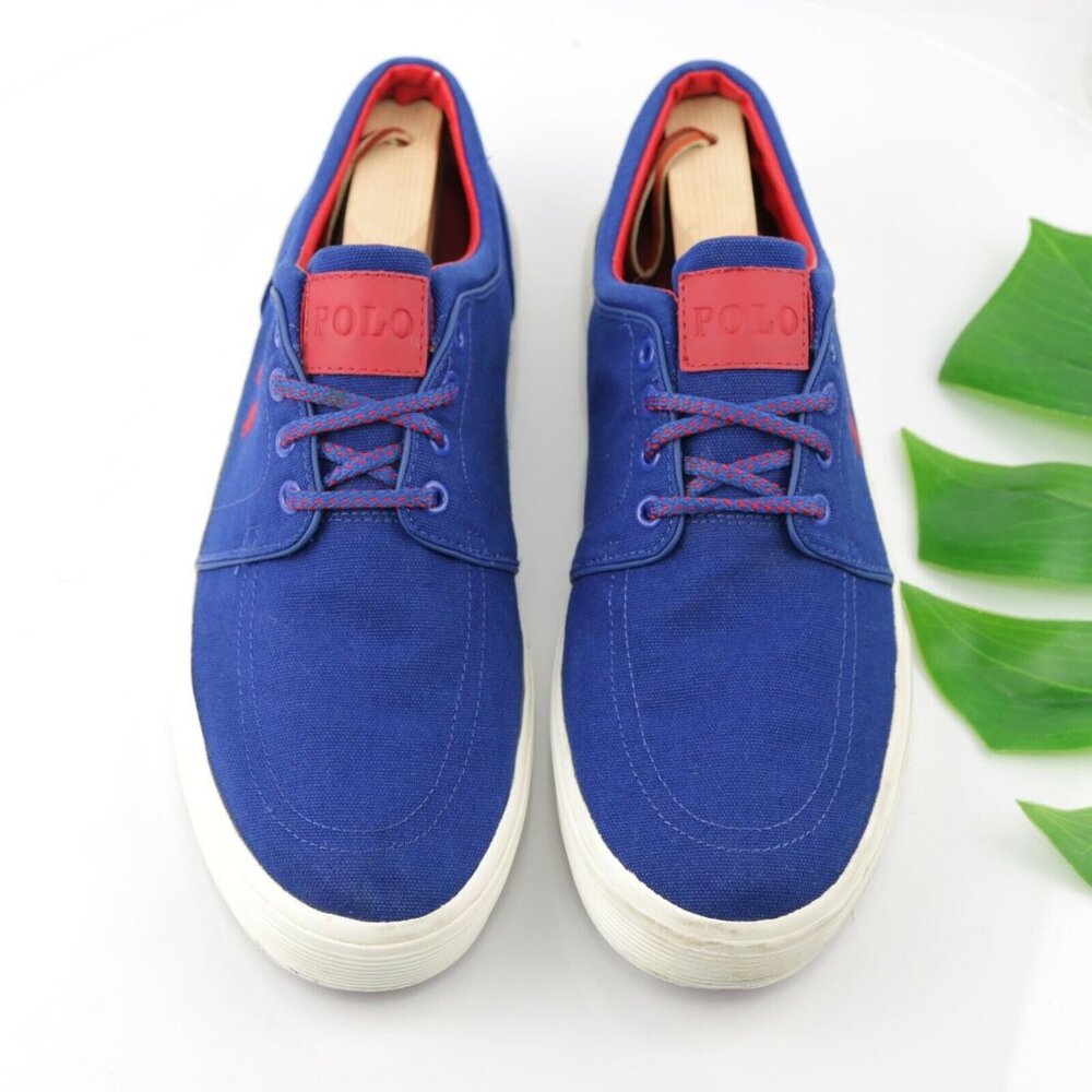 Polo Ralph Lauren Mens Faxon Sneaker Size 11.5 Royal Blue Canvas Red Pony Shoe - Picture 2 of 12